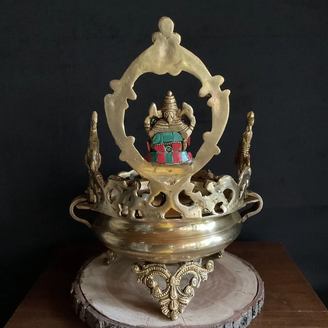 12 Inches Decorative Brass Stonework Urli With Lord Ganesha - Ganesha Urli Bowl For Home Decor