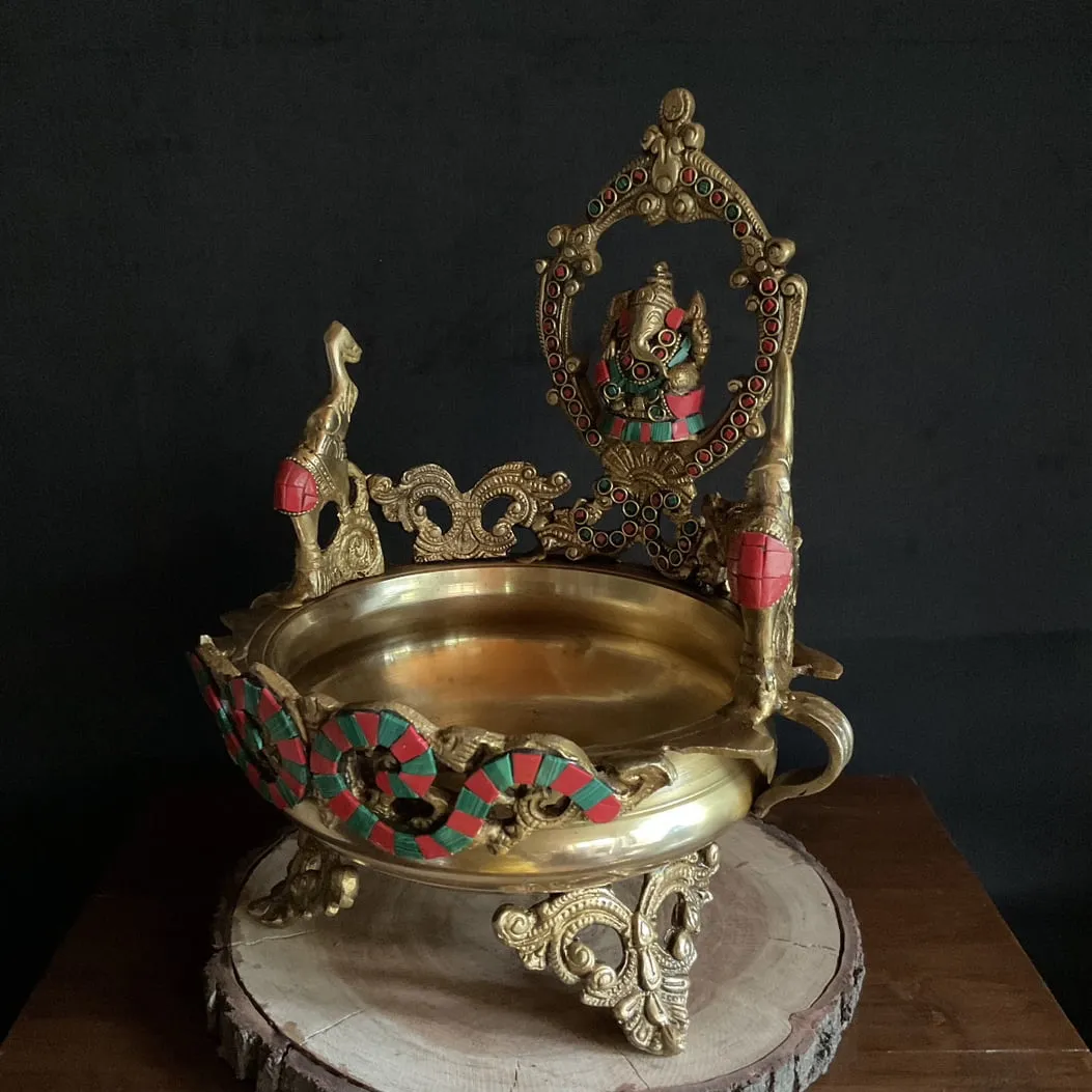 12 Inches Decorative Brass Stonework Urli With Lord Ganesha - Ganesha Urli Bowl For Home Decor