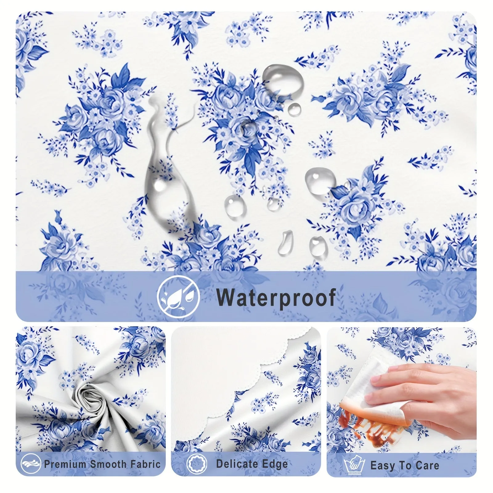 1pc Spring Floral Round/Square Waterproof Tablecloth - Stain Resistant, Wrinkle Free, Indoor/Outdoor Table Cover for Home Kitchen Dining Party Decoration - Easy Care, Seasonal Holiday Theme, Blue Floral Pattern