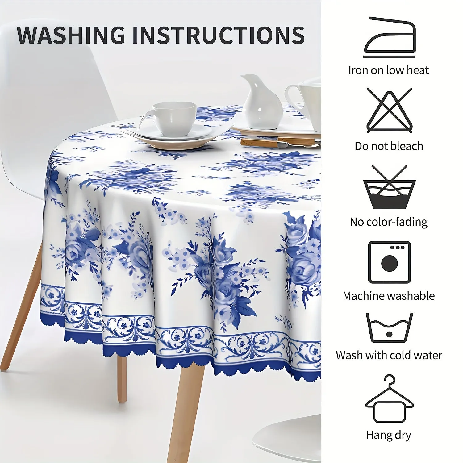 1pc Spring Floral Round/Square Waterproof Tablecloth - Stain Resistant, Wrinkle Free, Indoor/Outdoor Table Cover for Home Kitchen Dining Party Decoration - Easy Care, Seasonal Holiday Theme, Blue Floral Pattern