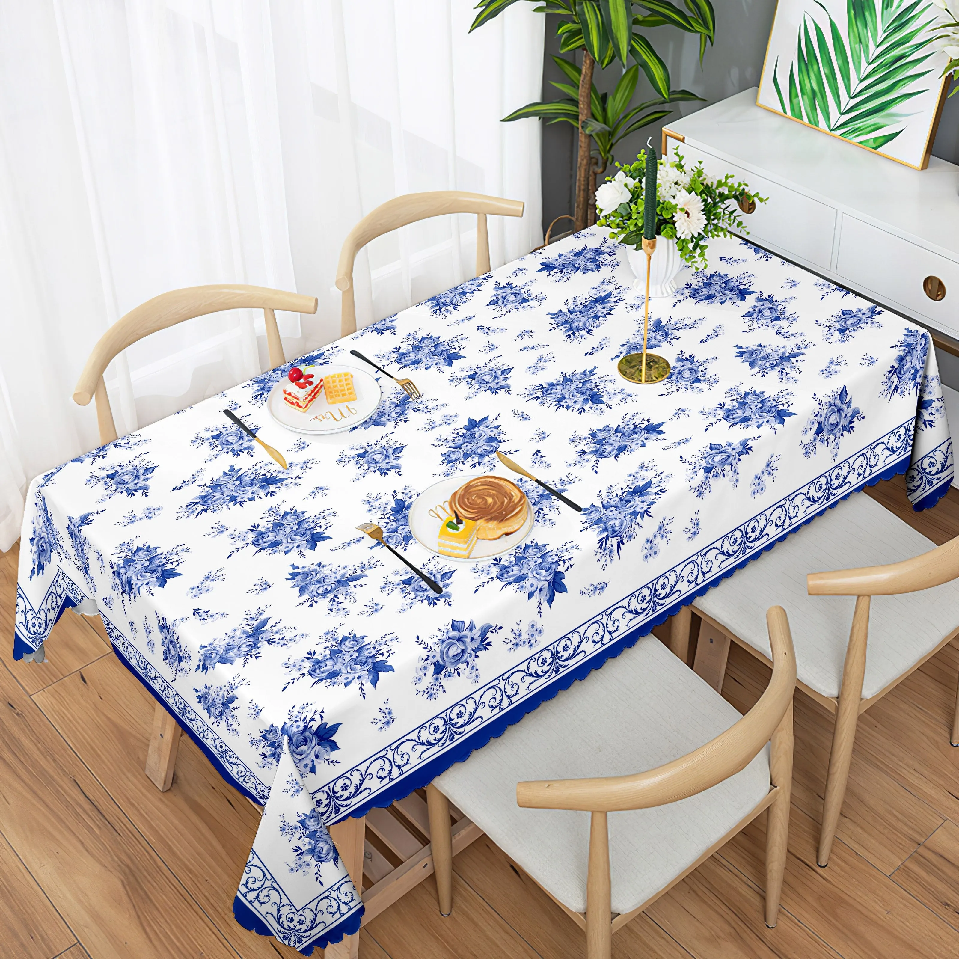 1pc Spring Floral Round/Square Waterproof Tablecloth - Stain Resistant, Wrinkle Free, Indoor/Outdoor Table Cover for Home Kitchen Dining Party Decoration - Easy Care, Seasonal Holiday Theme, Blue Floral Pattern