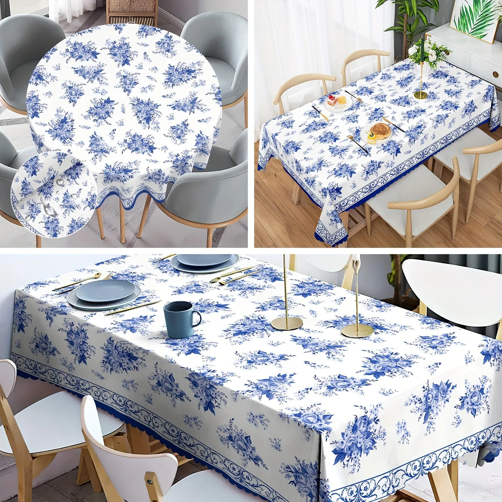 1pc Spring Floral Round/Square Waterproof Tablecloth - Stain Resistant, Wrinkle Free, Indoor/Outdoor Table Cover for Home Kitchen Dining Party Decoration - Easy Care, Seasonal Holiday Theme, Blue Floral Pattern