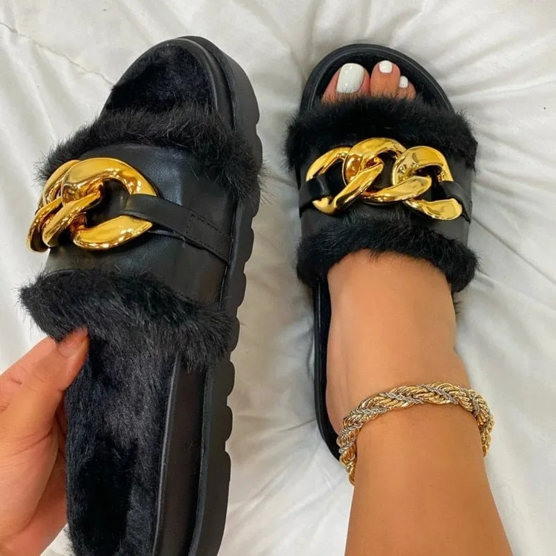 2021 Winter Plush Slippers Fashion Open Toe Solid Color Women's Sandals Metal Chain Outdoor Casual Women's Shoes  Fashion Shoes