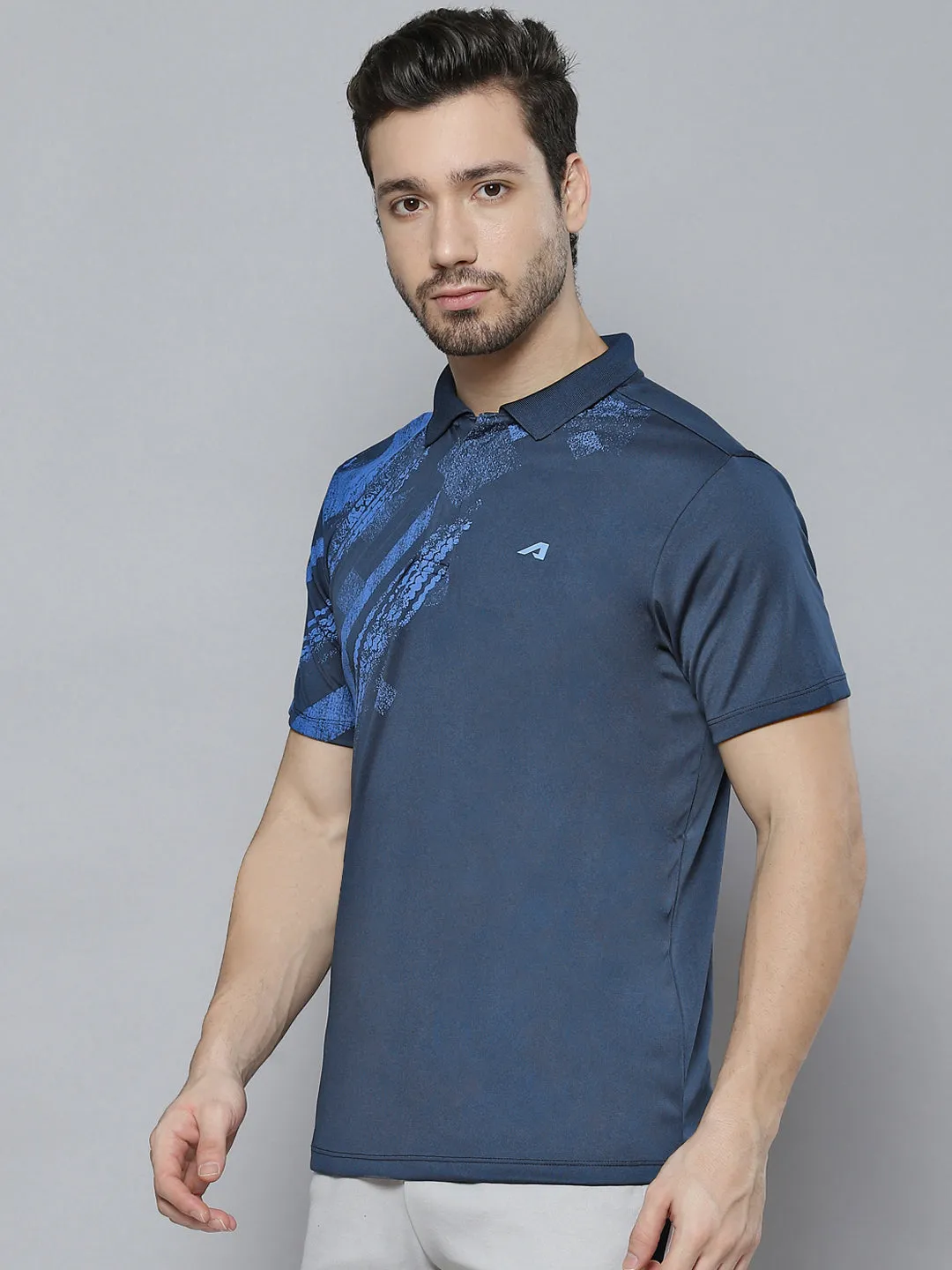 Alcis Men Navy Blue Abstract Printed Polo Collar T-shirt