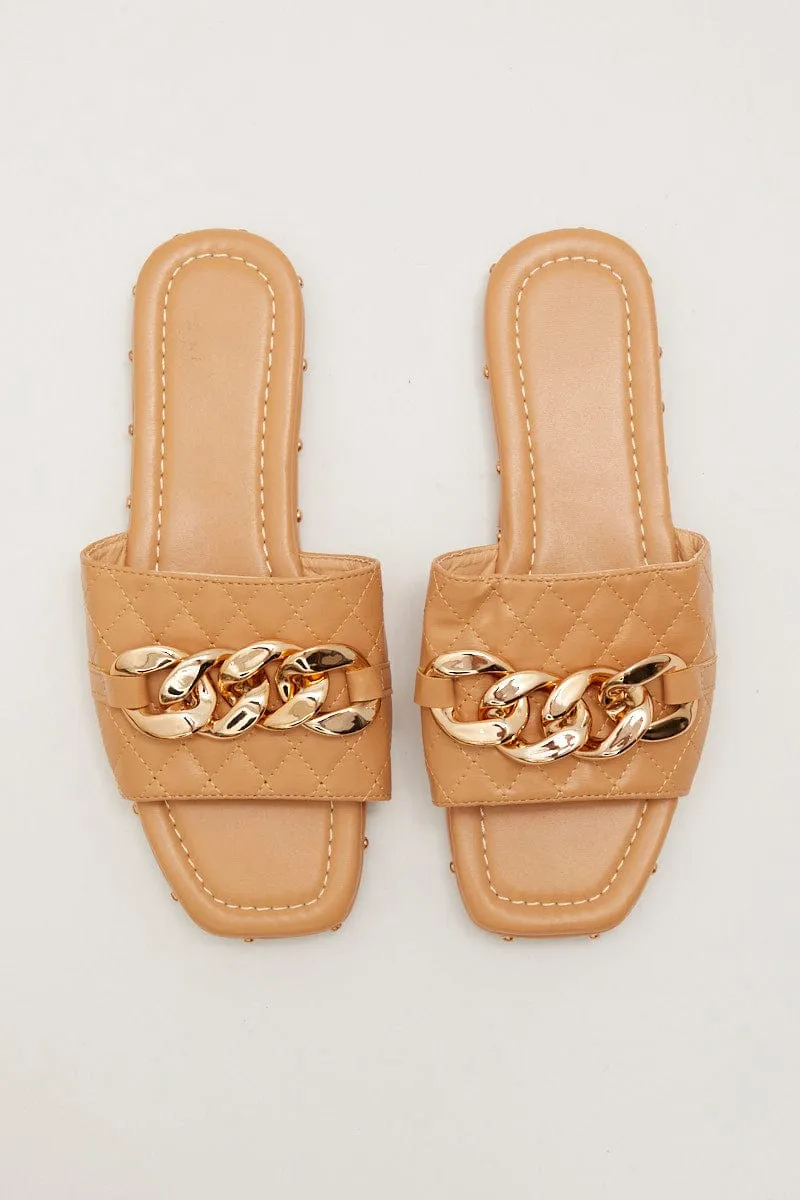 Beige Chain Decor Quilted Slides Slippers