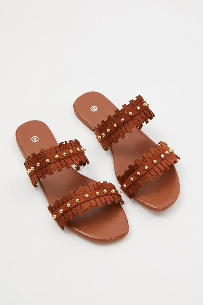 Beige Fringe Detail Flat Slides