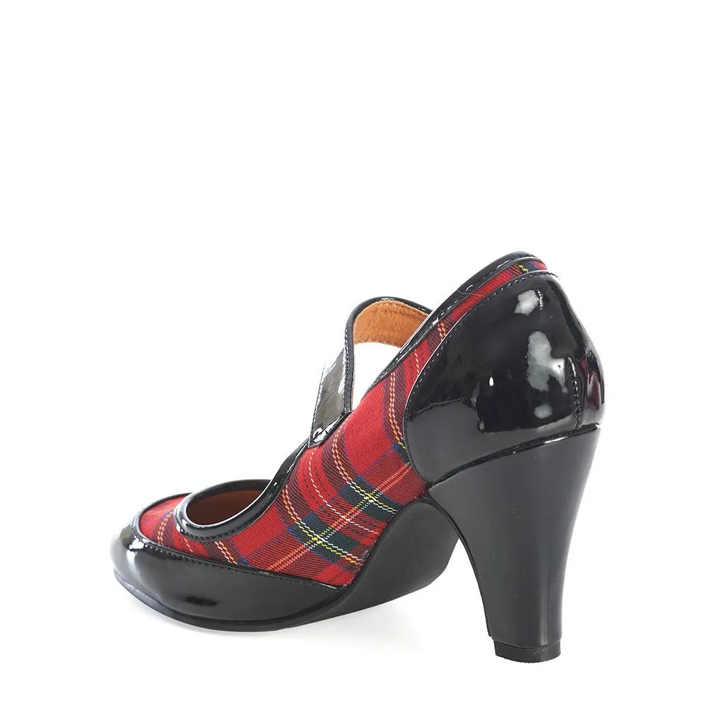 Black Red Check Tartan Faux Leather Heels