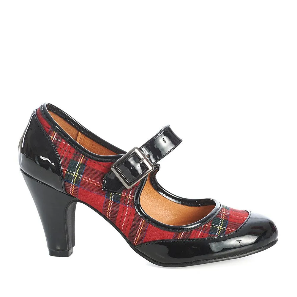 Black Red Check Tartan Faux Leather Heels