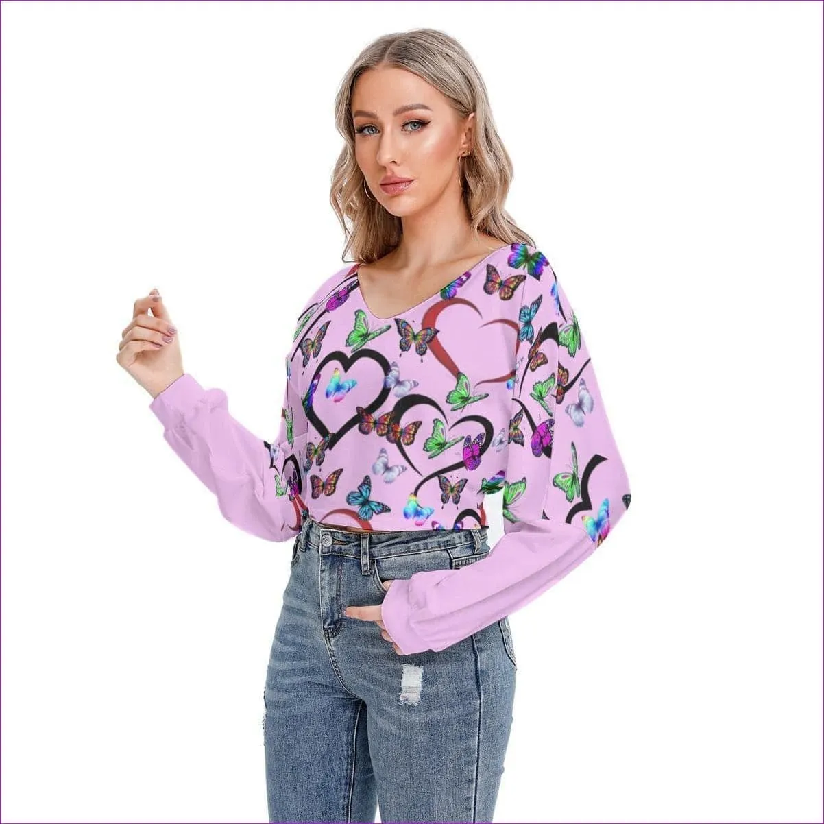 Butterfly Love Womens V-neck Drop-shoulder Cropped Shirt