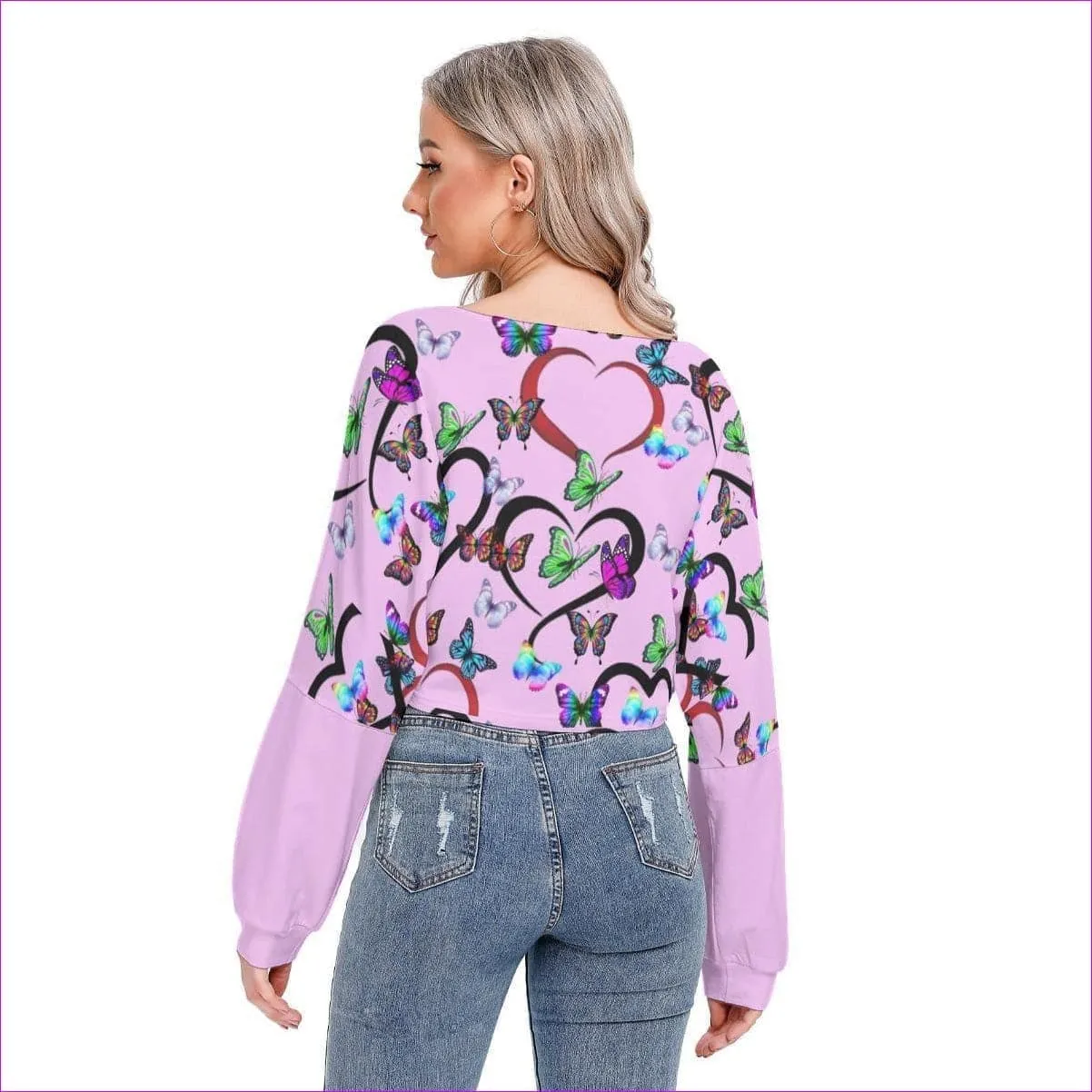 Butterfly Love Womens V-neck Drop-shoulder Cropped Shirt