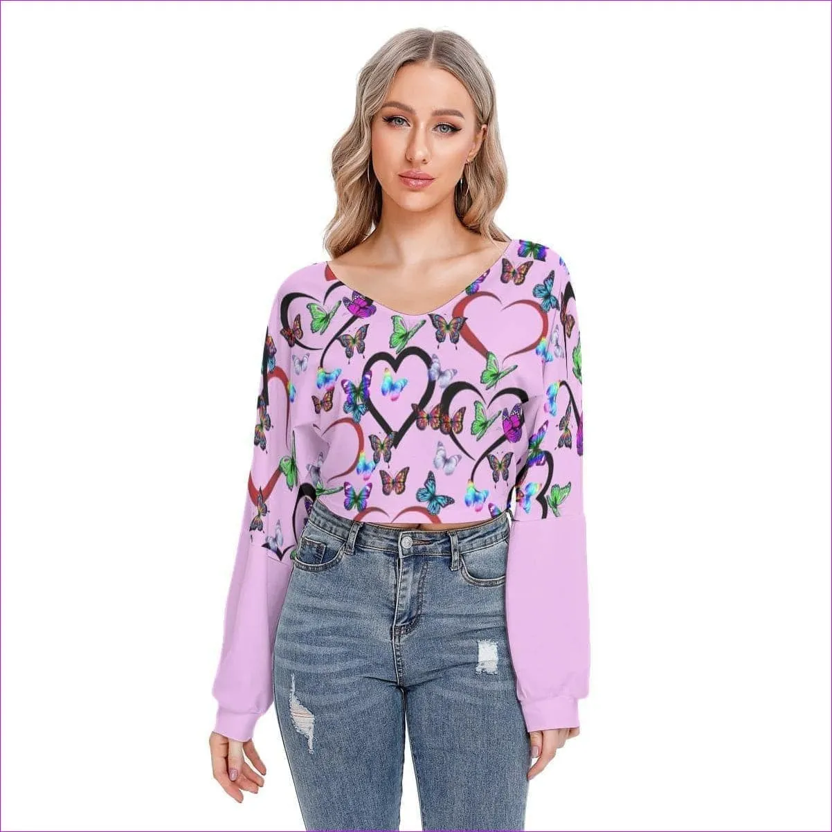 Butterfly Love Womens V-neck Drop-shoulder Cropped Shirt