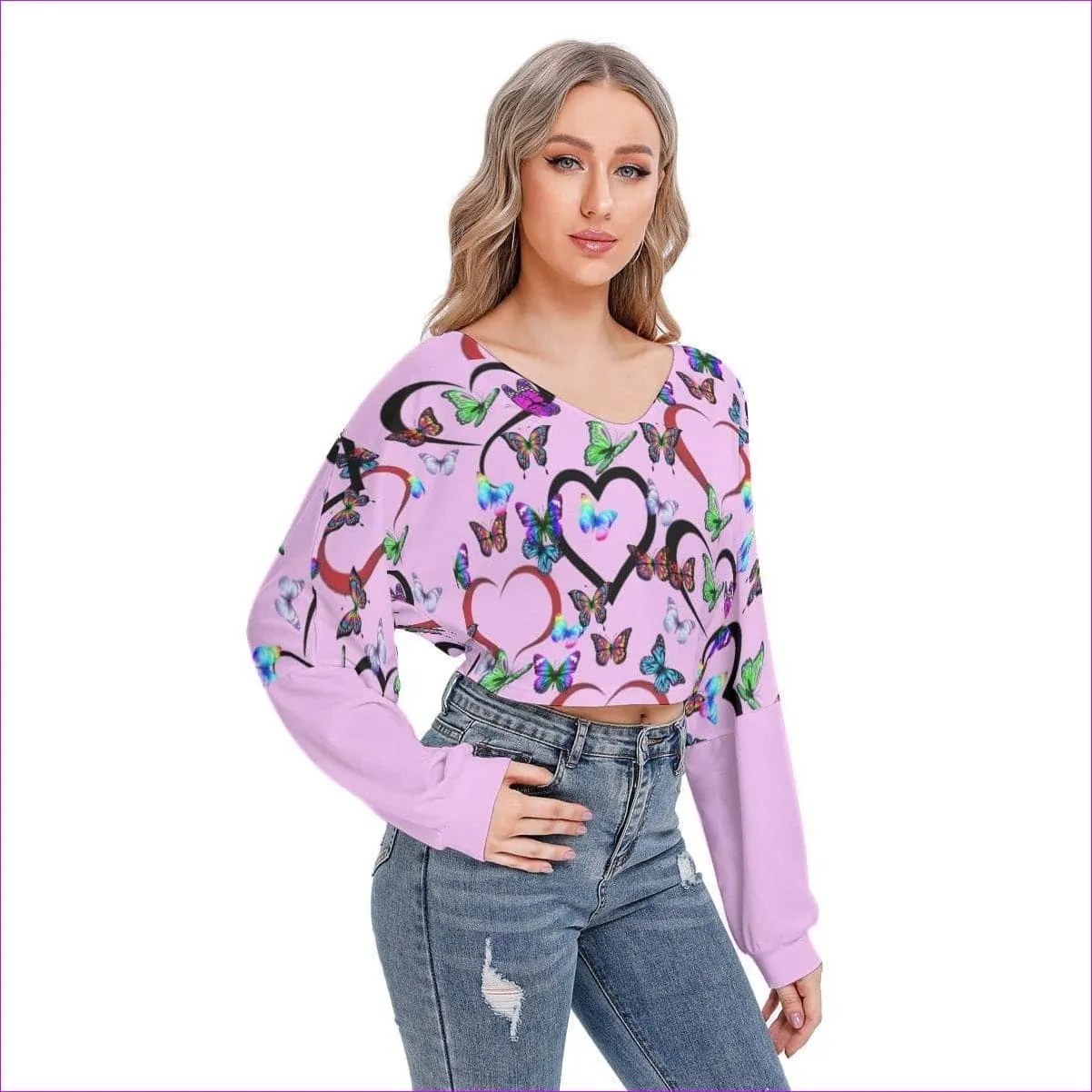 Butterfly Love Womens V-neck Drop-shoulder Cropped Shirt