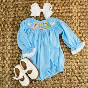 Christmas Nativity Smocked Bubble in Light Blue