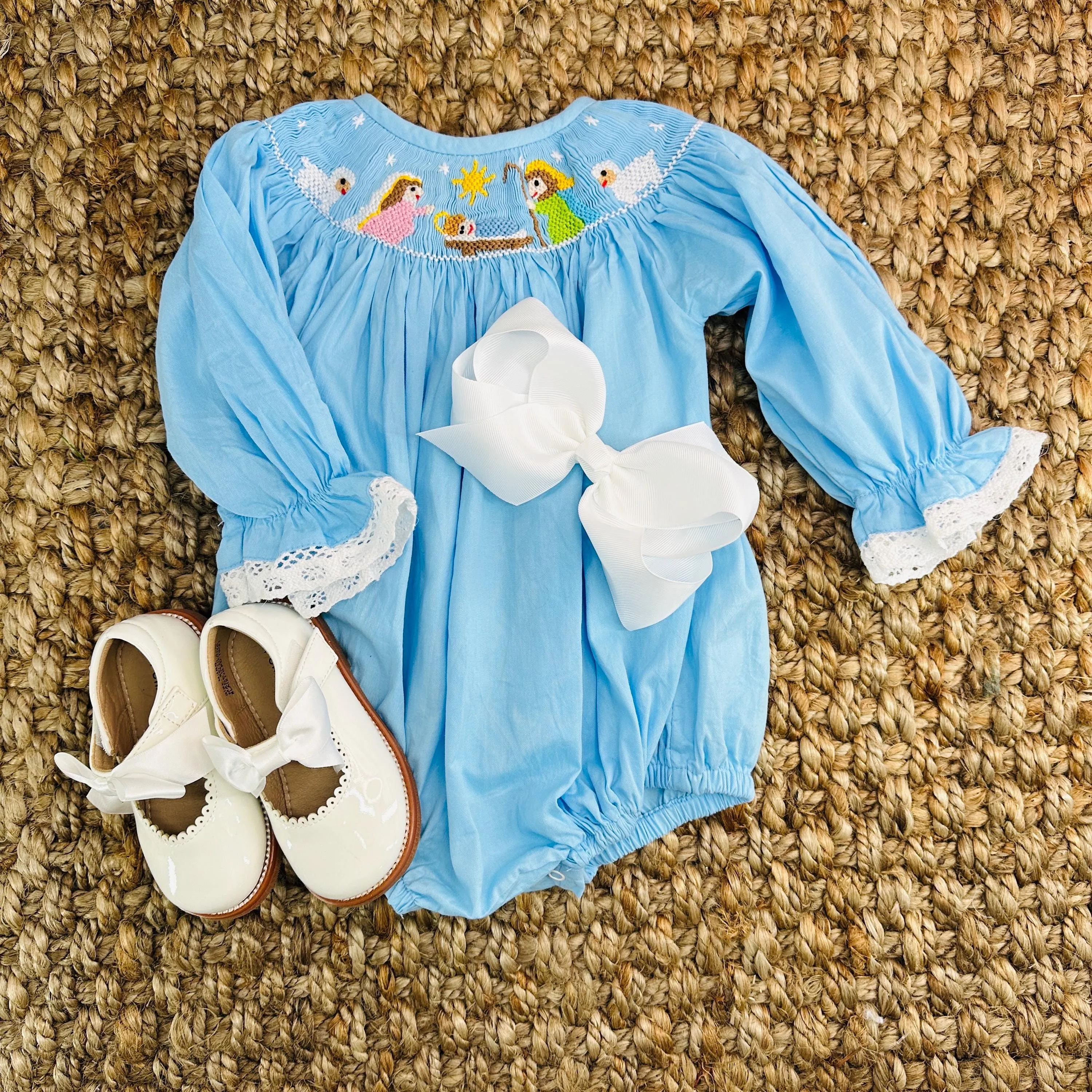 Christmas Nativity Smocked Bubble in Light Blue