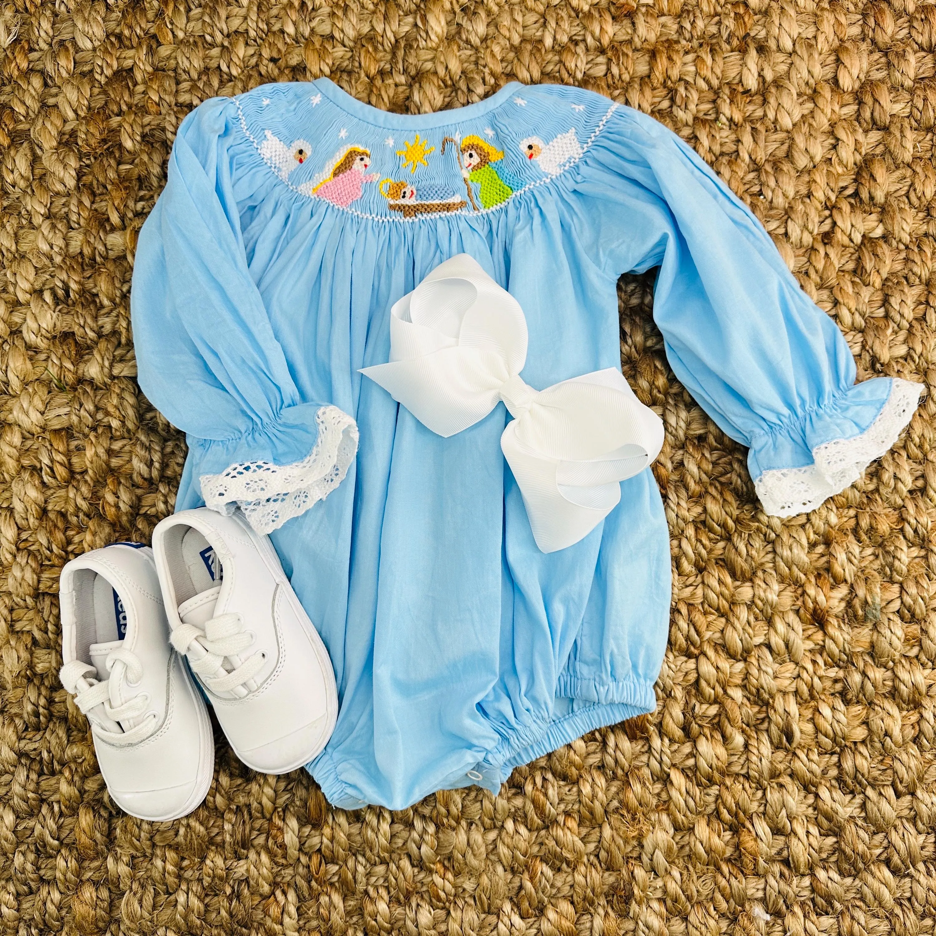 Christmas Nativity Smocked Bubble in Light Blue