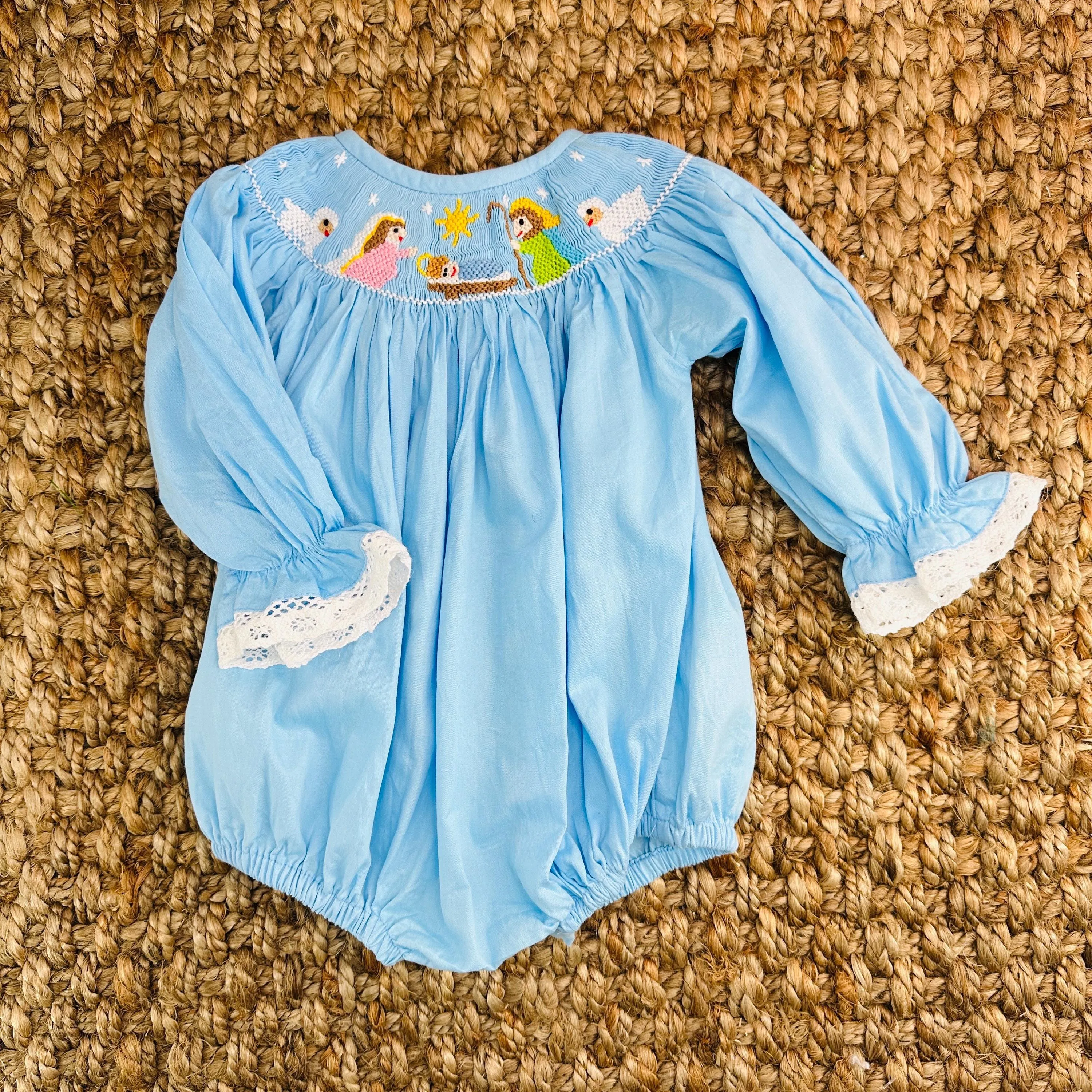 Christmas Nativity Smocked Bubble in Light Blue