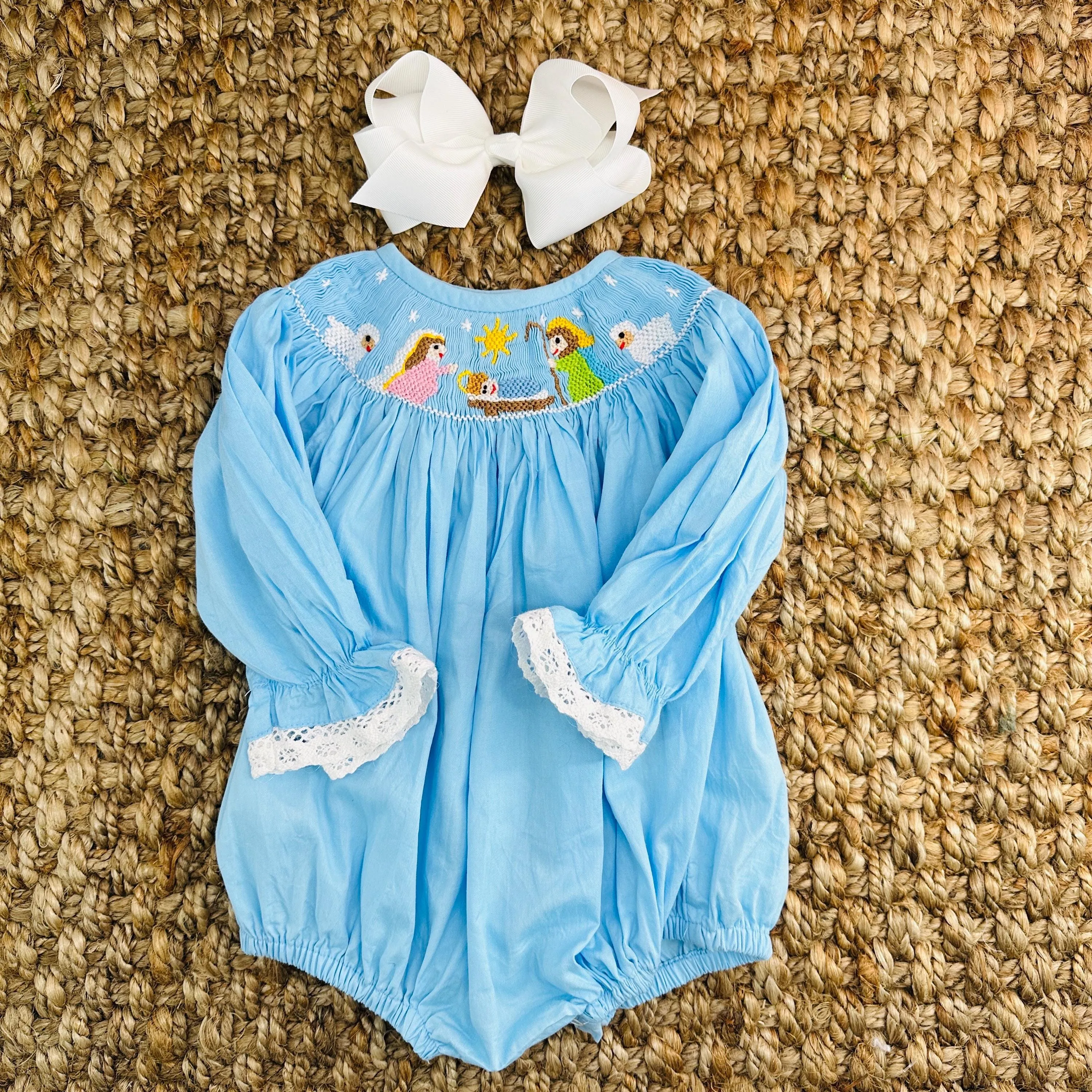 Christmas Nativity Smocked Bubble in Light Blue