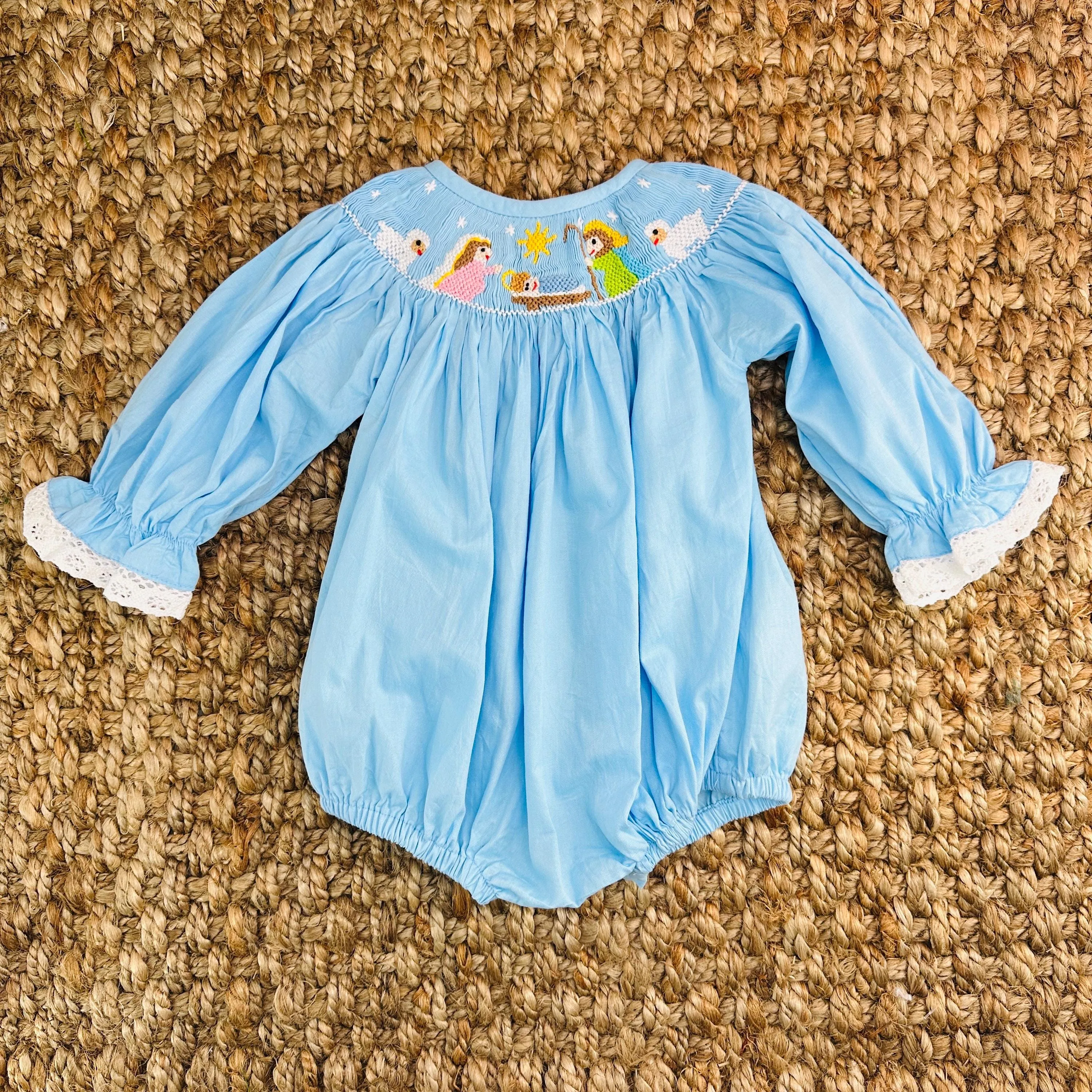 Christmas Nativity Smocked Bubble in Light Blue