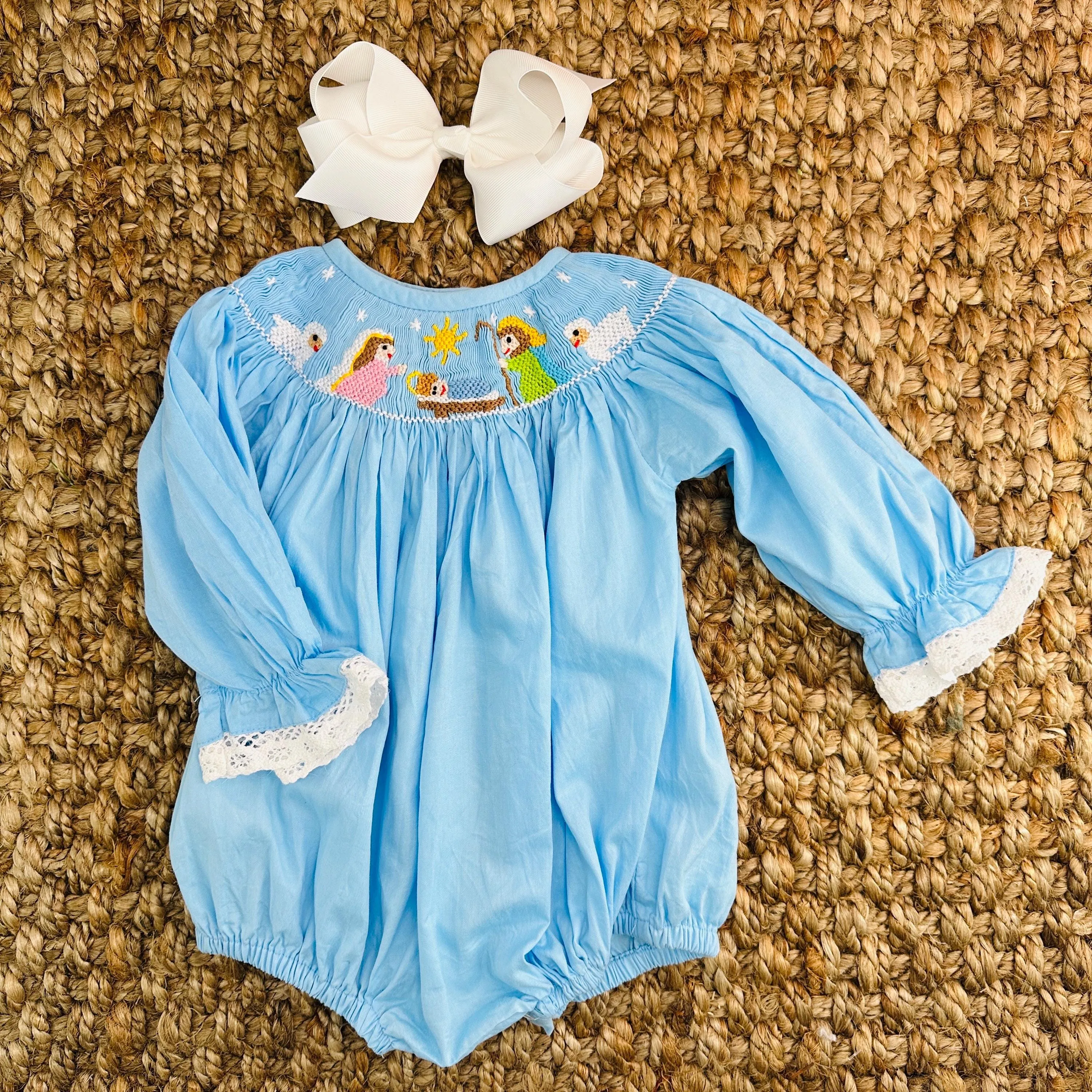 Christmas Nativity Smocked Bubble in Light Blue