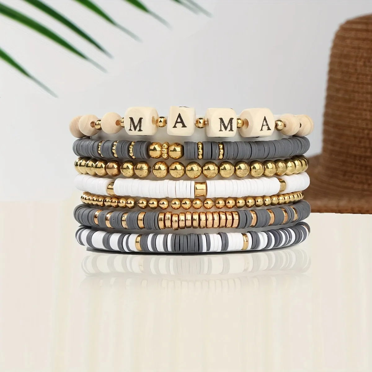 Elegant 7-Piece Women's Summer Beach Stackable Beaded Bracelet Set, Stretchable Polished Beads with 'MAMA' Block Letter Charms, Versatile Daily Wear, Ideal Mother's Day or Birthday Gift for Mom