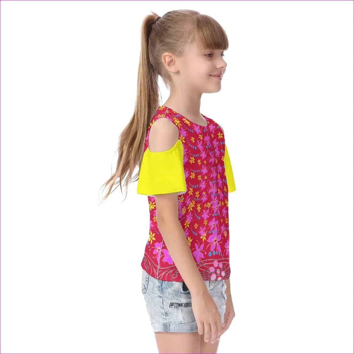 Floral Wear Kids Cold Shoulder T-shirt With Ruffle Sleeves