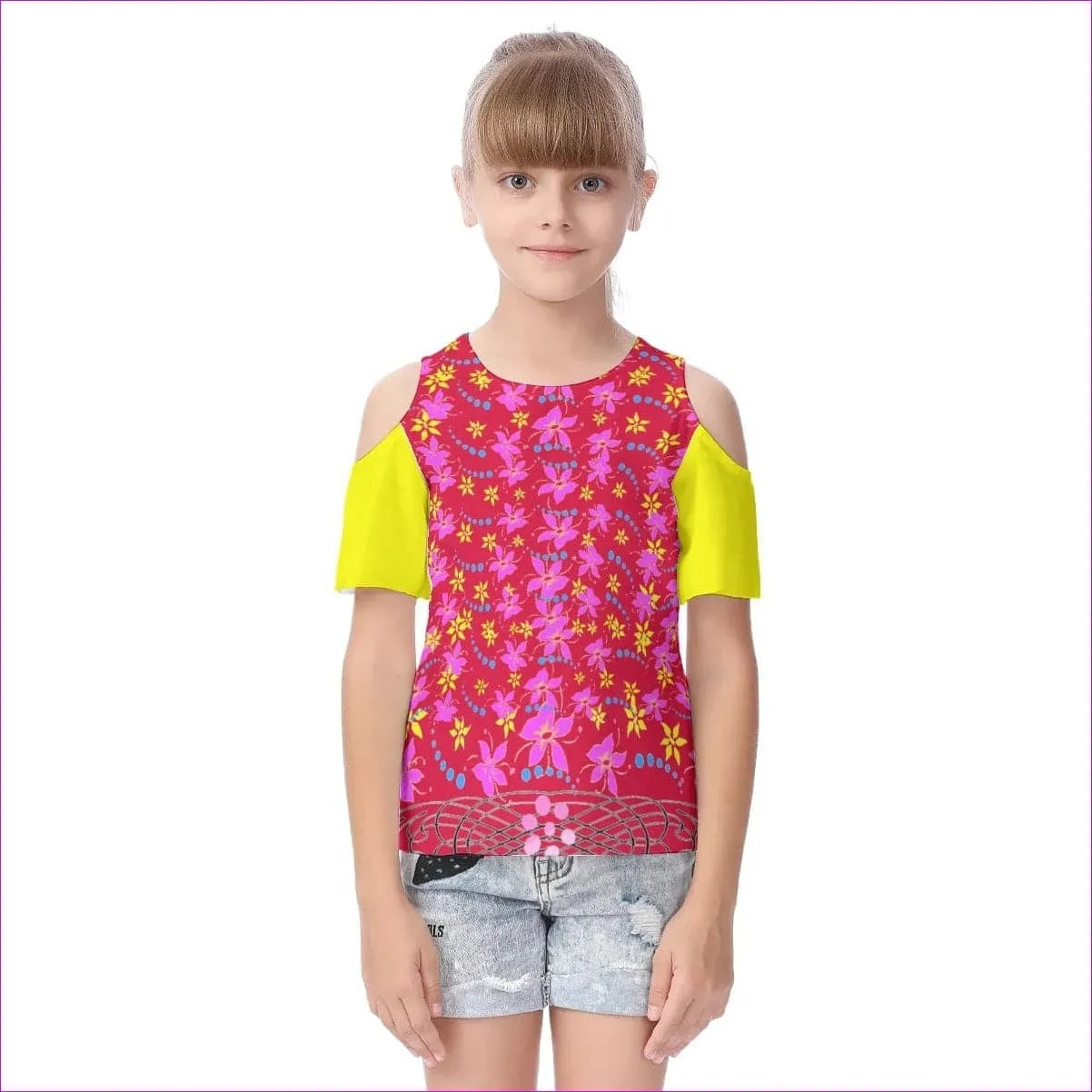 Floral Wear Kids Cold Shoulder T-shirt With Ruffle Sleeves