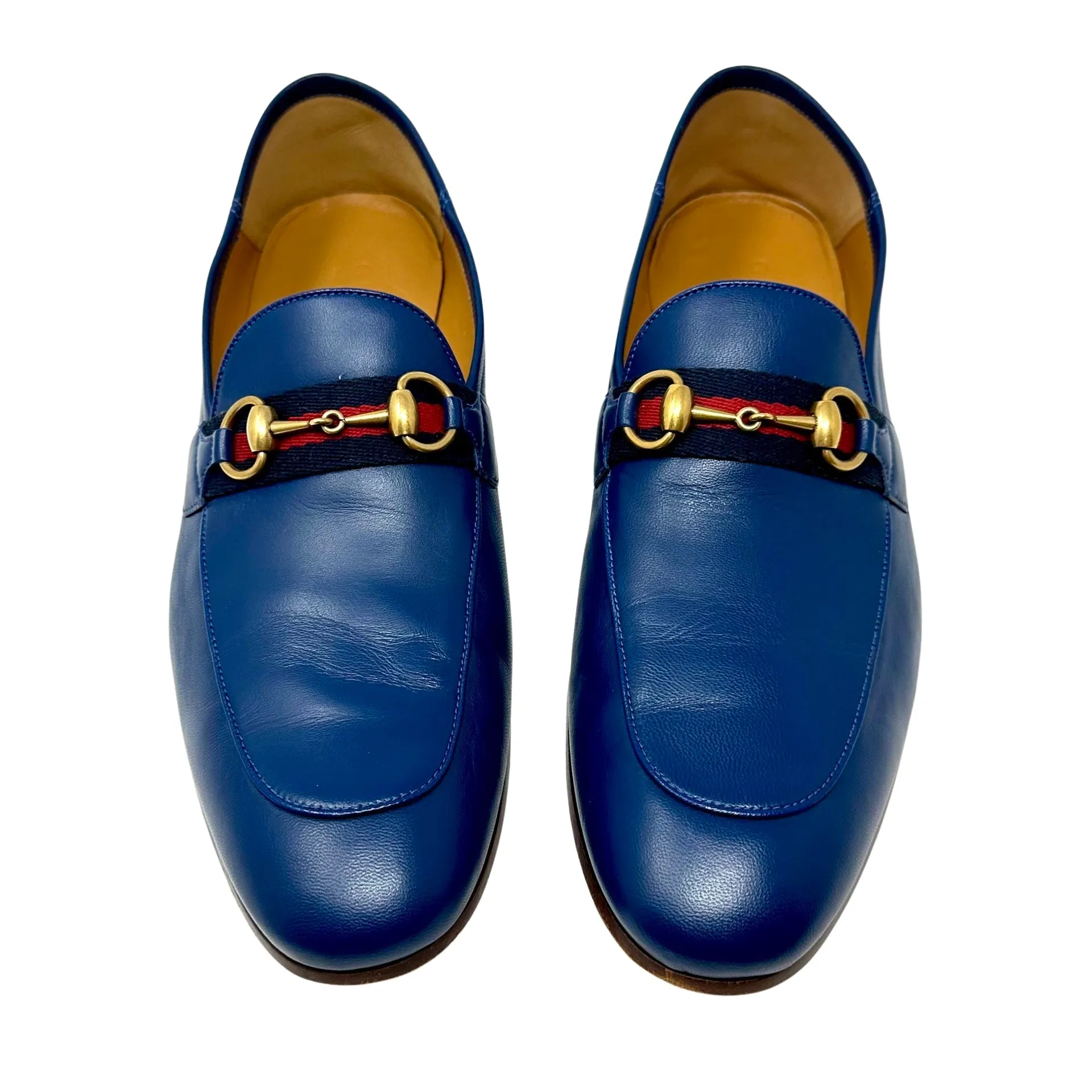 GUCCI Brixton Navy Mens Loafer Dress Shoes Gold Horsebit 9