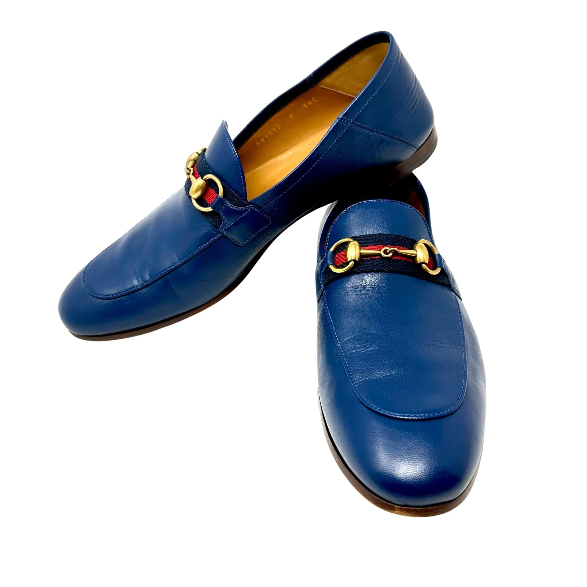 GUCCI Brixton Navy Mens Loafer Dress Shoes Gold Horsebit 9