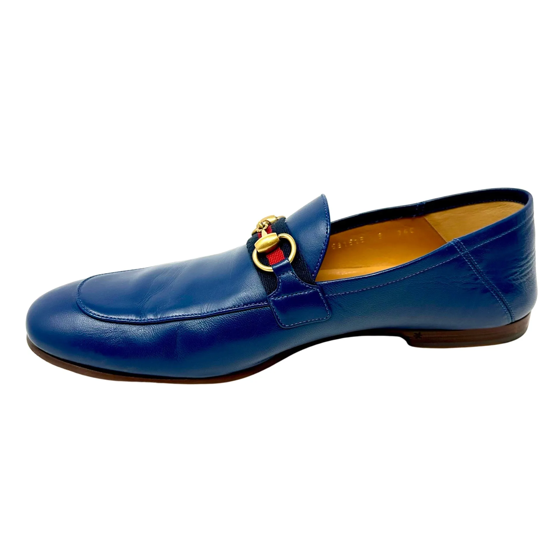 GUCCI Brixton Navy Mens Loafer Dress Shoes Gold Horsebit 9