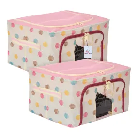 Heart Home Storage Box | Steel Frame Living Box | Storage Organizer For Clothes | Saree Cover for Woman | Multi Flower Print Cloth Organizer | 22 Liter | Pack of 2 | Pink