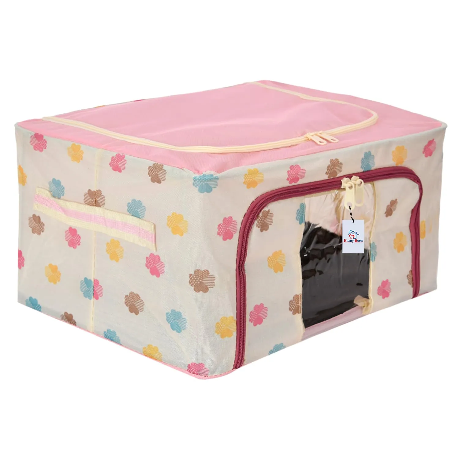 Heart Home Storage Box | Steel Frame Living Box | Storage Organizer For Clothes | Saree Cover for Woman | Multi Flower Print Cloth Organizer | 22 Liter | Pink