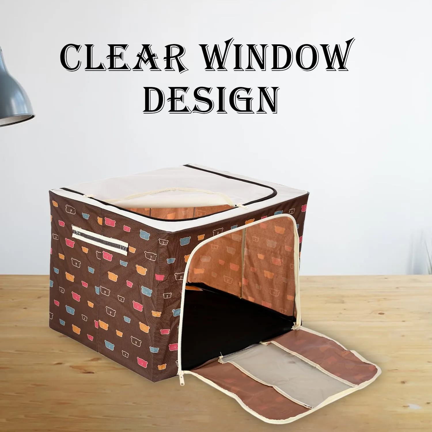 Heart Home Storage Box | Steel Frame Living Box | Storage Organizer For Clothes | Saree Cover for Woman | Teddy Print Cloth Organizer | 66 Liter | Brown