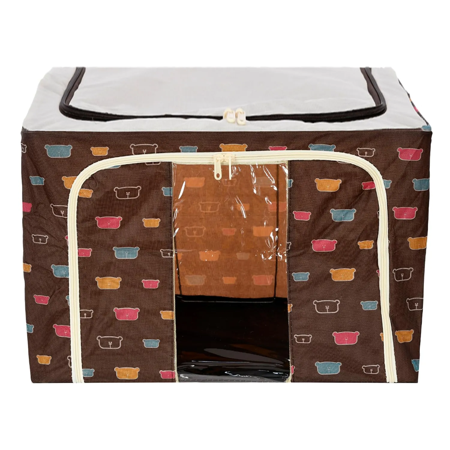 Heart Home Storage Box | Steel Frame Living Box | Storage Organizer For Clothes | Saree Cover for Woman | Teddy Print Cloth Organizer | 66 Liter | Brown