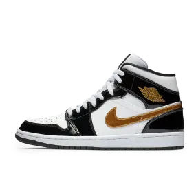 Jordan 1 Mid Patent Black White Gold