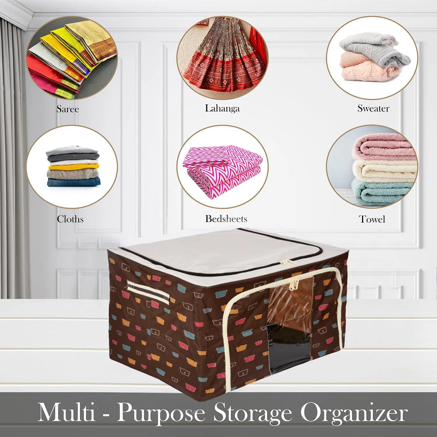 Kuber Industries Storage Box | Steel Frame Living Storage Box | Storage Organizer For Clothes | Saree Cover for Woman | Teddy Print Cloth Storage Organizer | 66 Liter | Brown