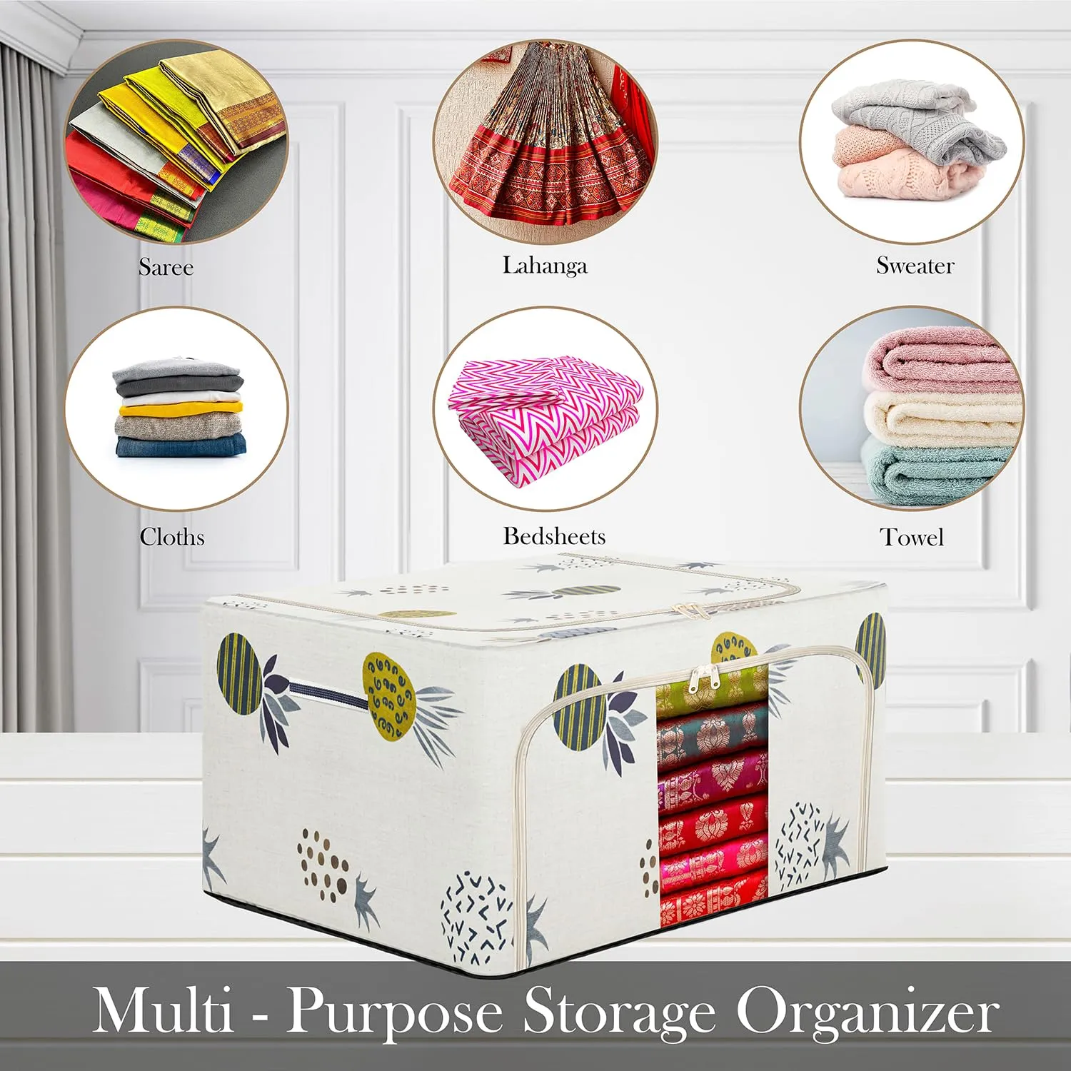 Kuber Industries Storage Box | Steel Frame Storage Box | Clothes Storage Box | Storage Box for Clothes | Blankets | Pineapple Print Living Box | Wardrobe Organizer | 66 Liter | Cream