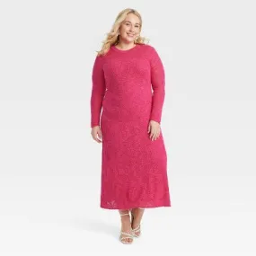 New - Women's Long Sleeve Maxi Pointelle Dress - A New Day Pink 1X