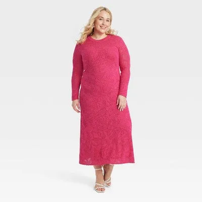 New - Women's Long Sleeve Maxi Pointelle Dress - A New Day Pink 1X