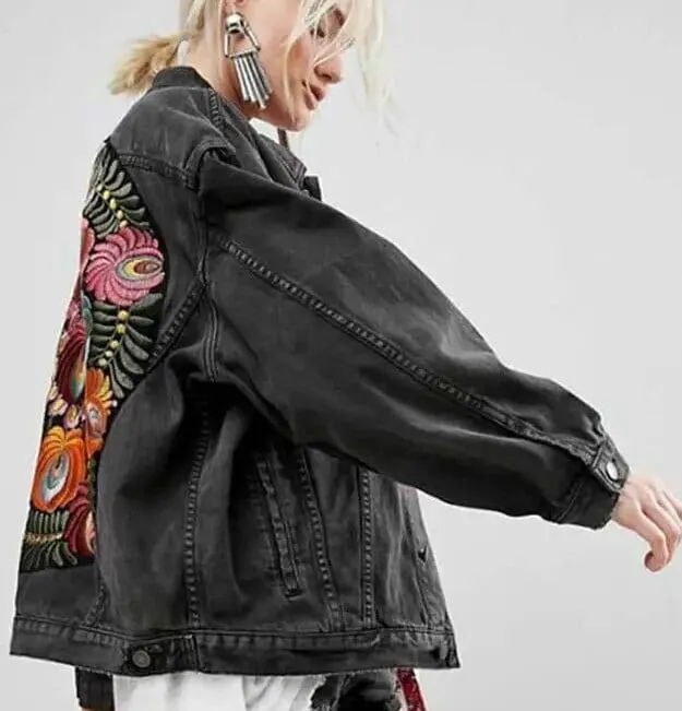 nwt jacket Boho Floral Embroidery on Charcoal denim jacket faded black jean coat