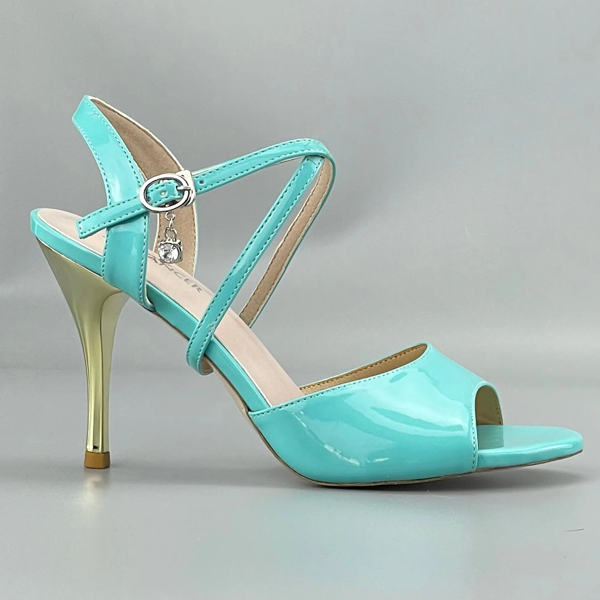 Peep-toe Argentine Tango Shoes Closed-back High Heels Hard Leather Sole Blue