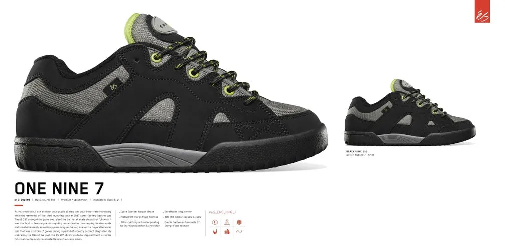 éS One Nine 7 Black / Lime Skateboard Shoes