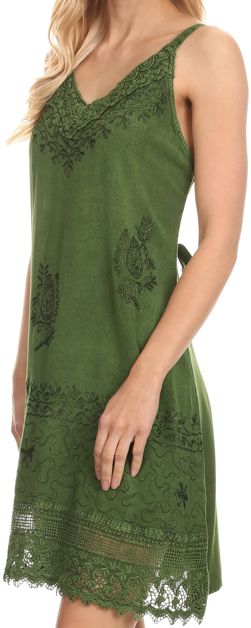 Sakkas Ameelynn Short Embroidered Batik Festival Sleeveless Spaghetti Strap Dress