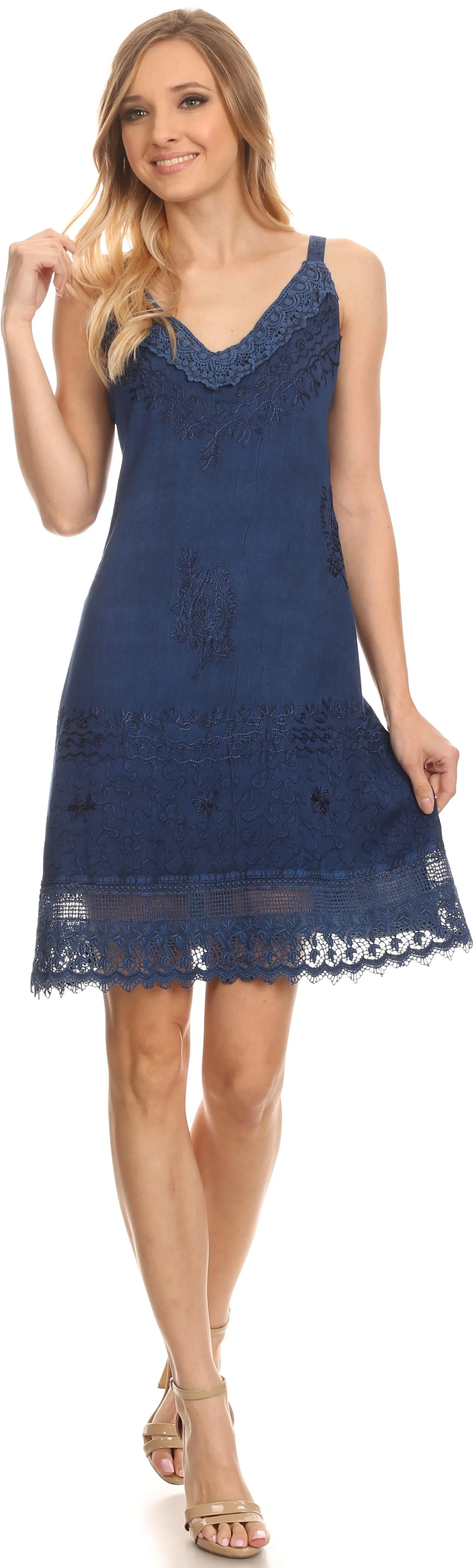 Sakkas Ameelynn Short Embroidered Batik Festival Sleeveless Spaghetti Strap Dress