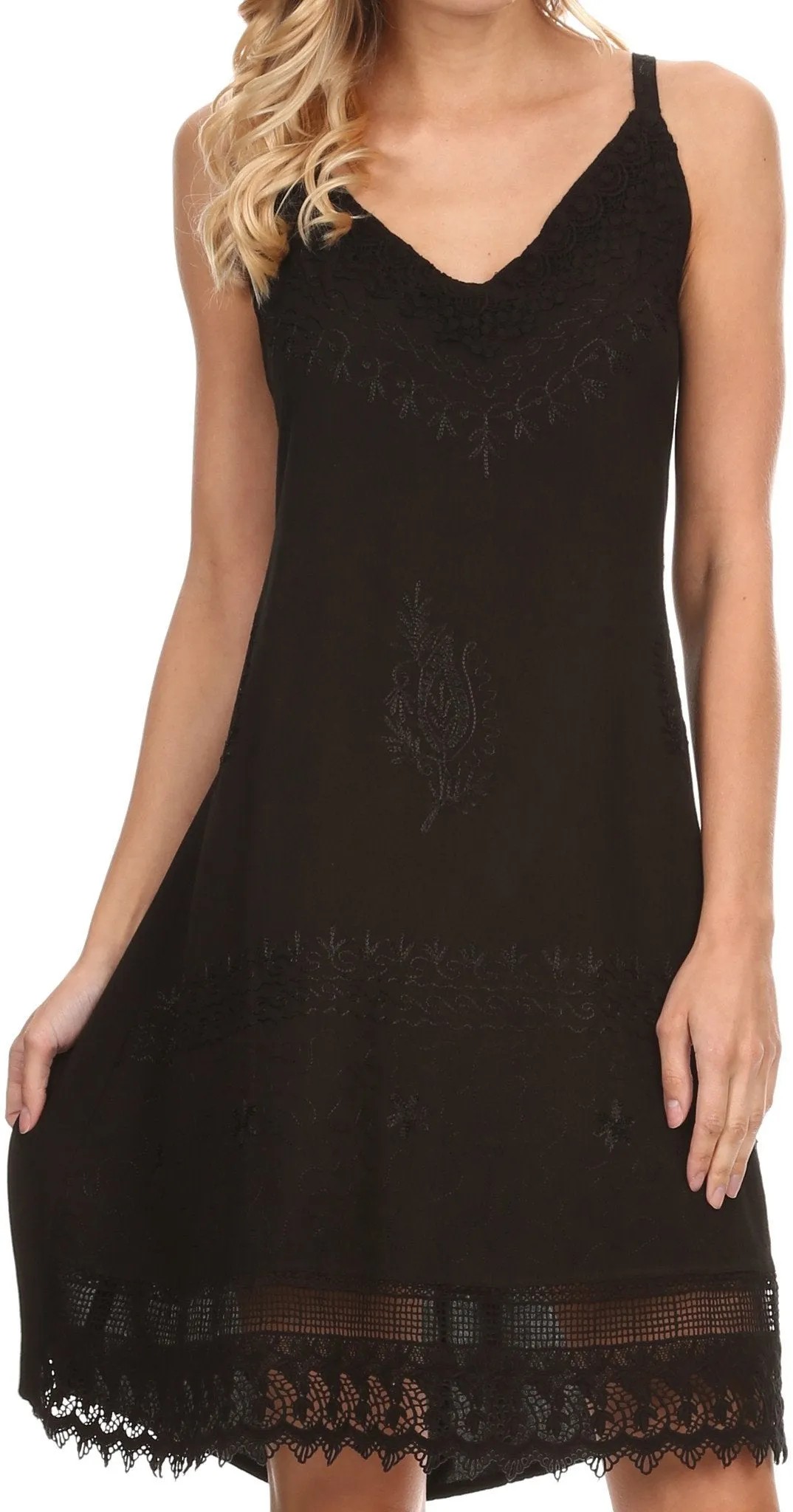 Sakkas Ameelynn Short Embroidered Batik Festival Sleeveless Spaghetti Strap Dress