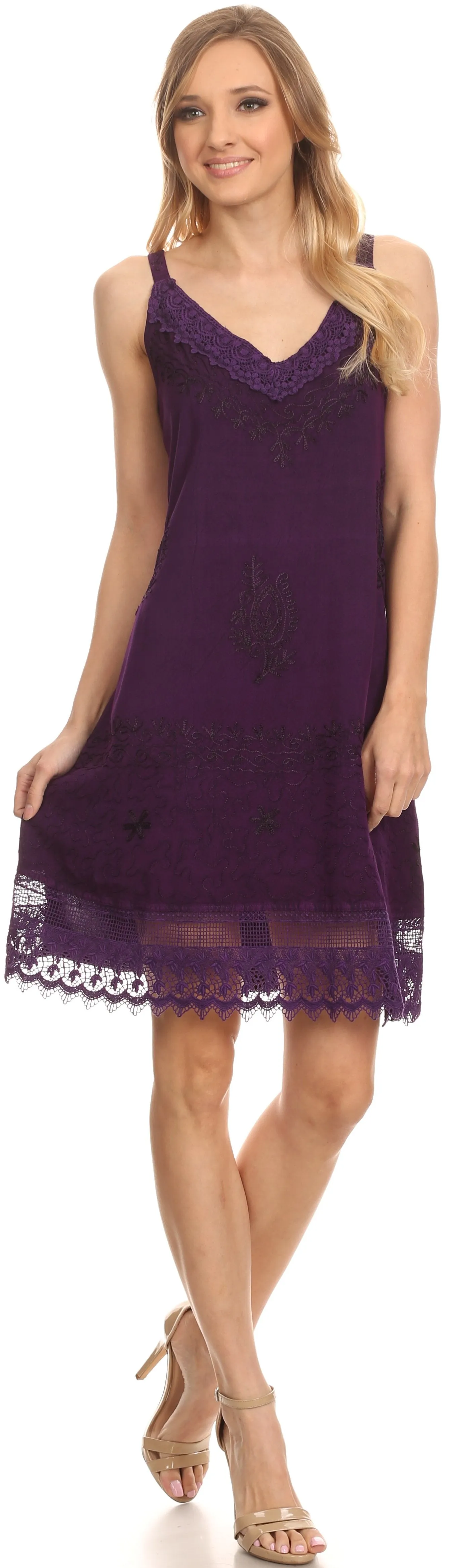 Sakkas Ameelynn Short Embroidered Batik Festival Sleeveless Spaghetti Strap Dress