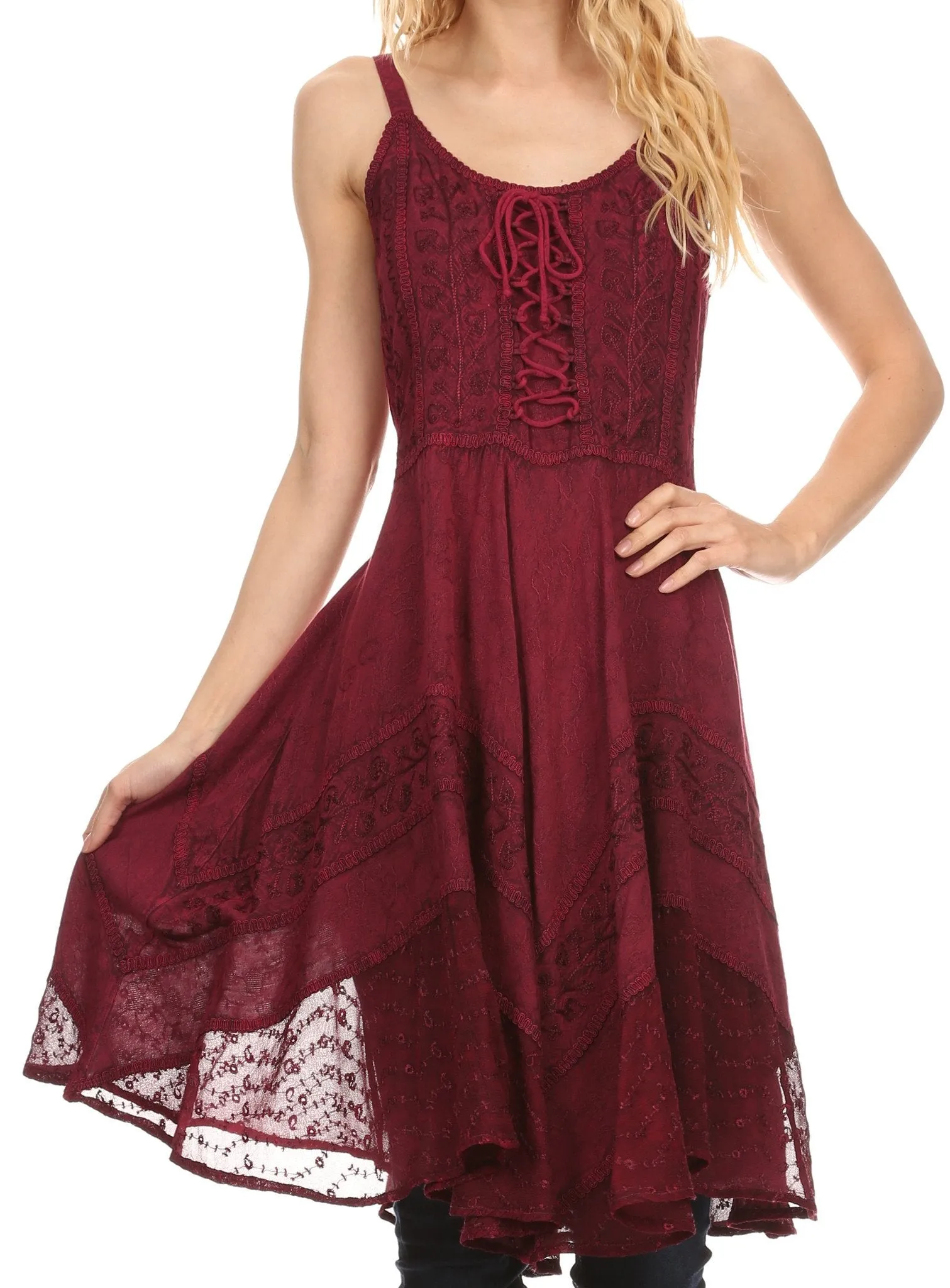 Sakkas Calleea Mid Length Embroidery Sleeveless Spaghetti Strap Corset Batik Dress