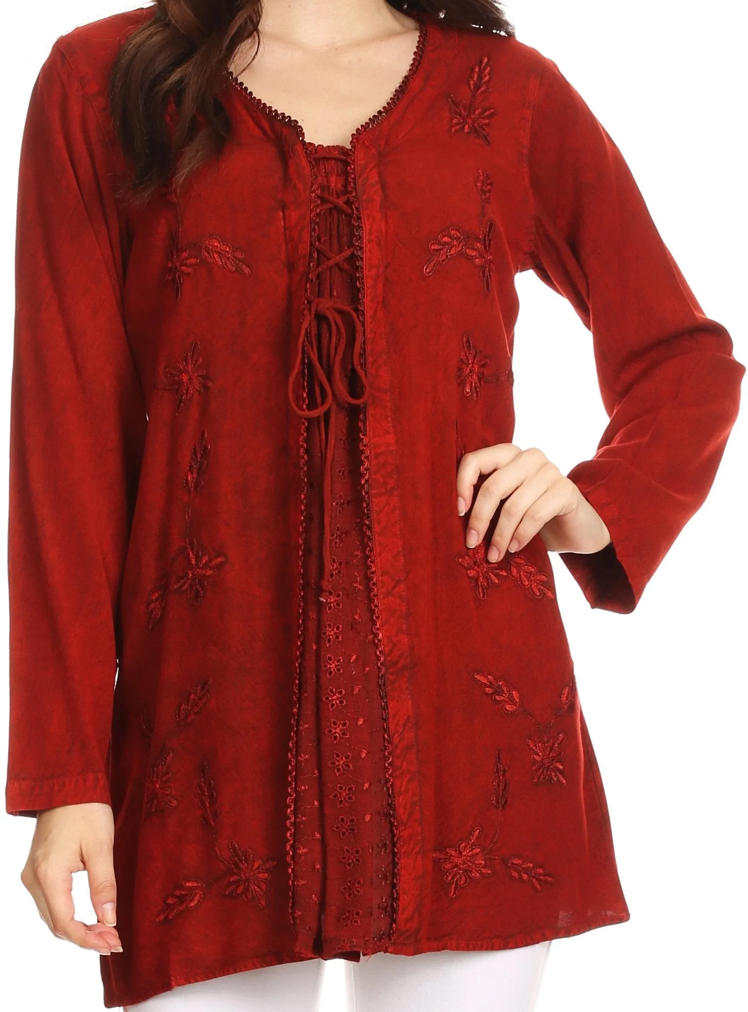 Sakkas Caylyan Long Adjustable Embroidered Long Sleeve Blouse With Corset Top