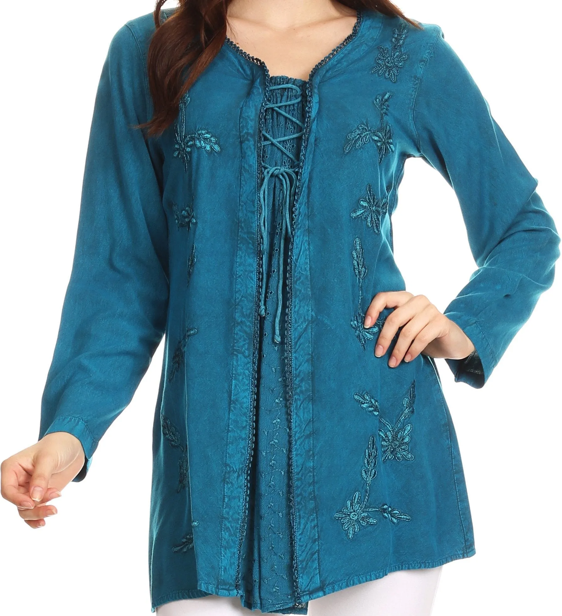 Sakkas Caylyan Long Adjustable Embroidered Long Sleeve Blouse With Corset Top