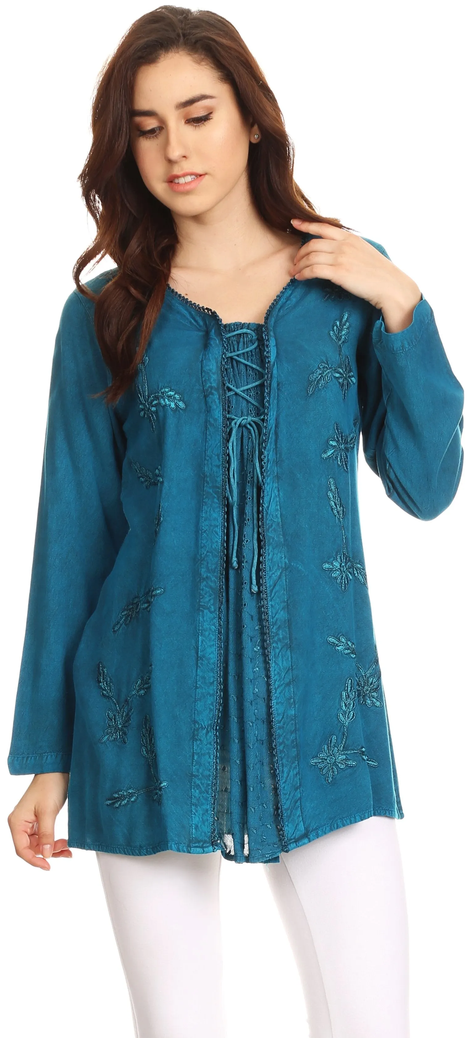 Sakkas Caylyan Long Adjustable Embroidered Long Sleeve Blouse With Corset Top