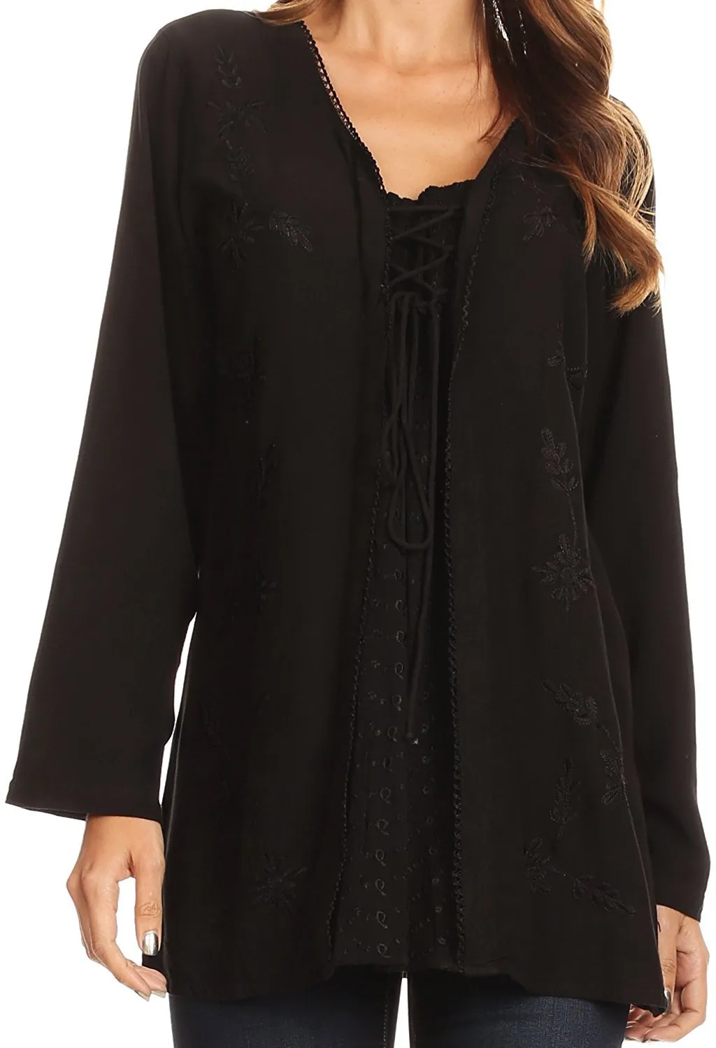 Sakkas Caylyan Long Adjustable Embroidered Long Sleeve Blouse With Corset Top